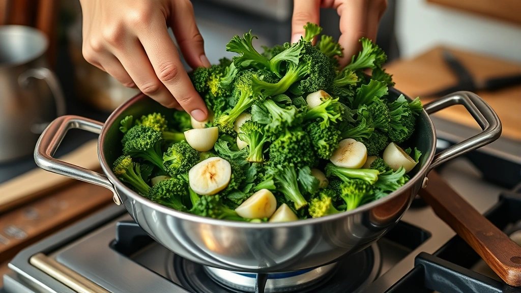broccoli rabe recipe -
photorealistic hands tossing fresh broccoli rabe in a stainless steel skillet o