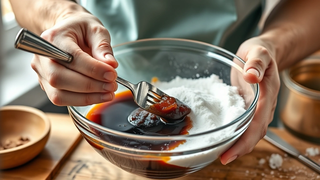 brown sugar recipe -
photorealistic hands working mixing white sugar and dark molasses in a glass bo