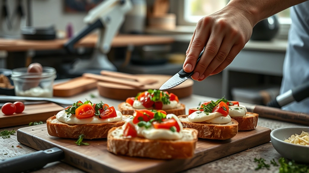 bruschetta recipes with mozzarella -
Photorealistic hands spreading fresh mozzarella and toppings onto toasted bague