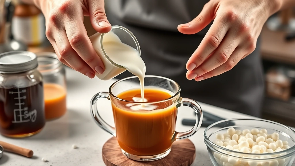 bubble tea recipes -
photorealistic hands pouring condensed milk into hot brewed tea, measuring cup