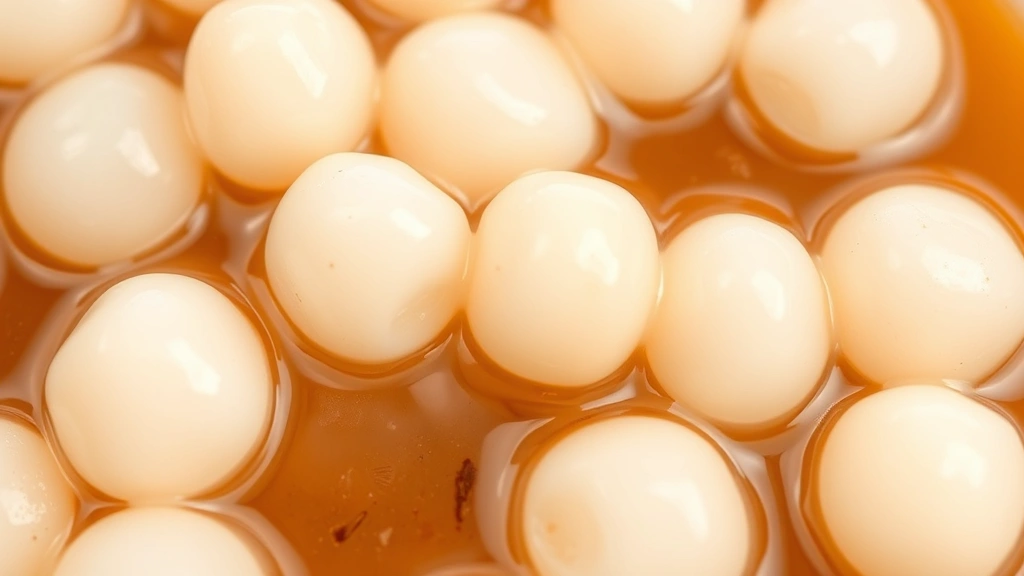 bubble tea recipes -
photorealistic close-up macro of cooked tapioca boba pearls in brown sugar syru