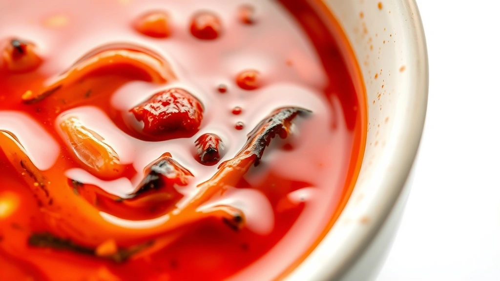 budae jjigae recipe -
photorealistic close-up macro shot of budae jjigae broth detail showing gochuja