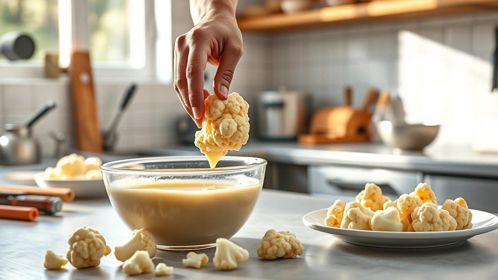 buffalo cauliflower recipe -
Photorealistic hands dipping cauliflower floret into batter bowl in bright work