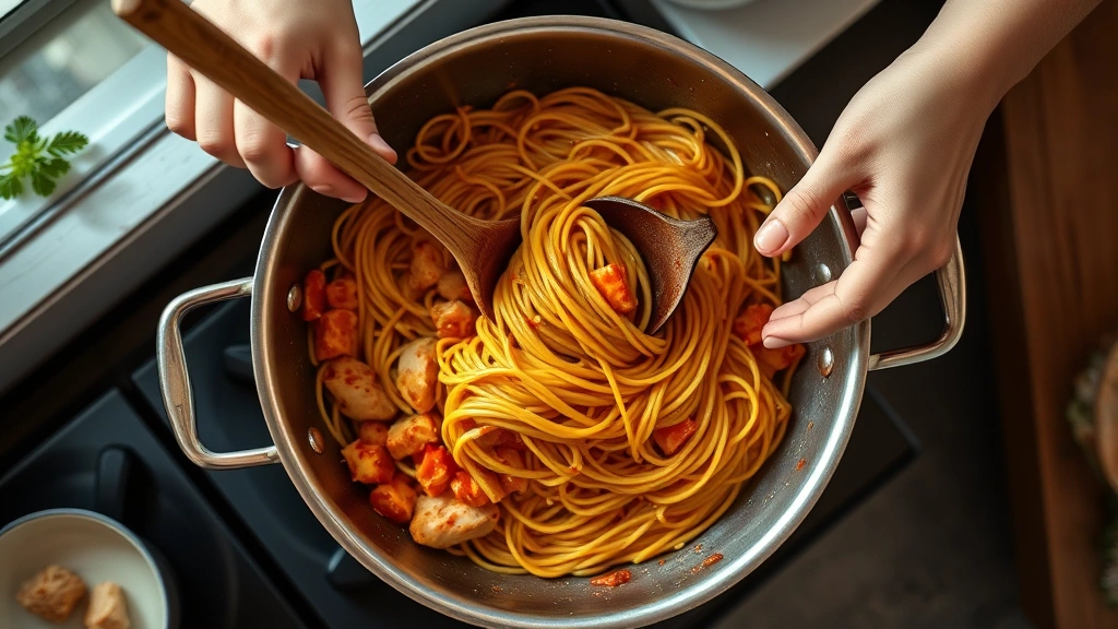 buldak carbonara recipe -
Photorealistic overhead shot of hands stirring spaghetti in a large stainless s