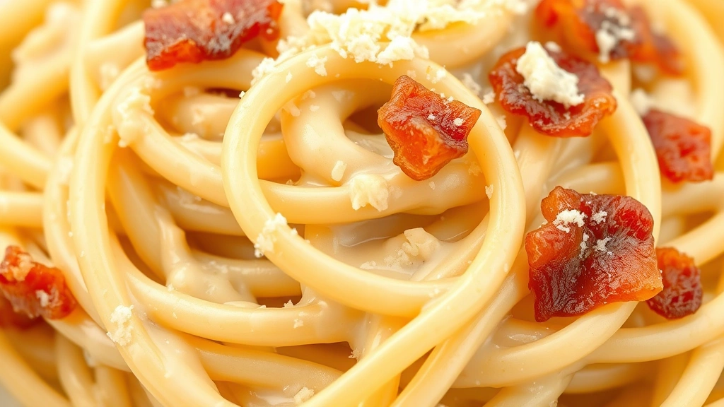 buldak carbonara recipe -
Photorealistic close-up macro shot of creamy carbonara sauce coating individual