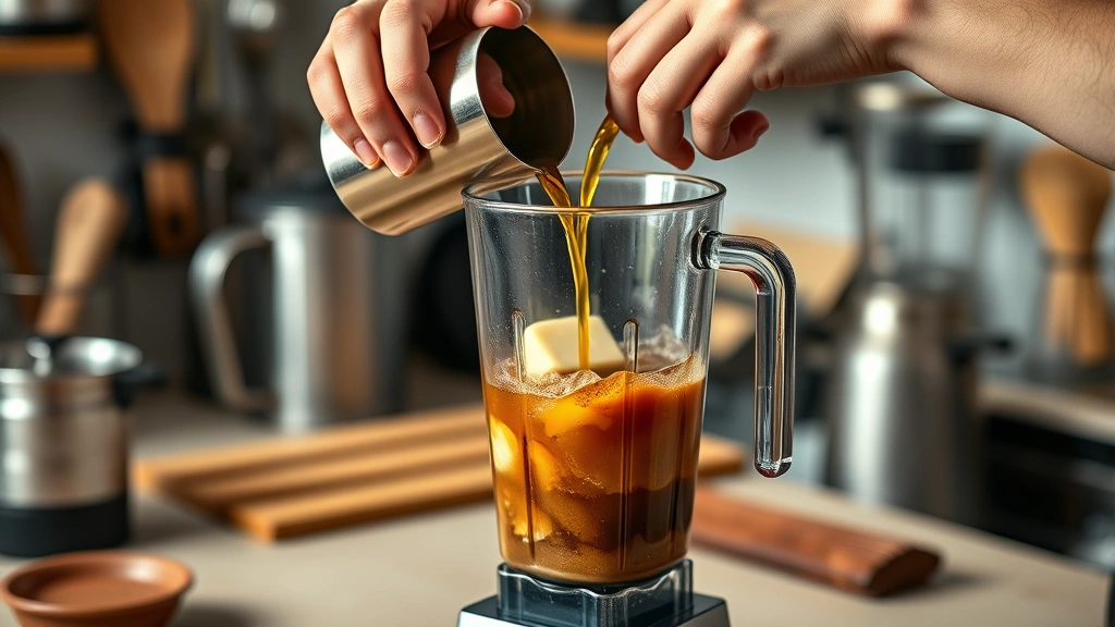 bullet coffee recipe -
photorealistic hands working, pouring hot coffee into blender with butter and M