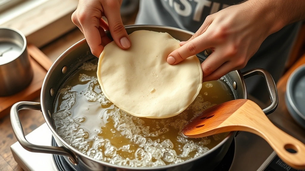 bunuelos recipe -
Photorealistic hands carefully placing a thin dough circle into bubbling hot oi