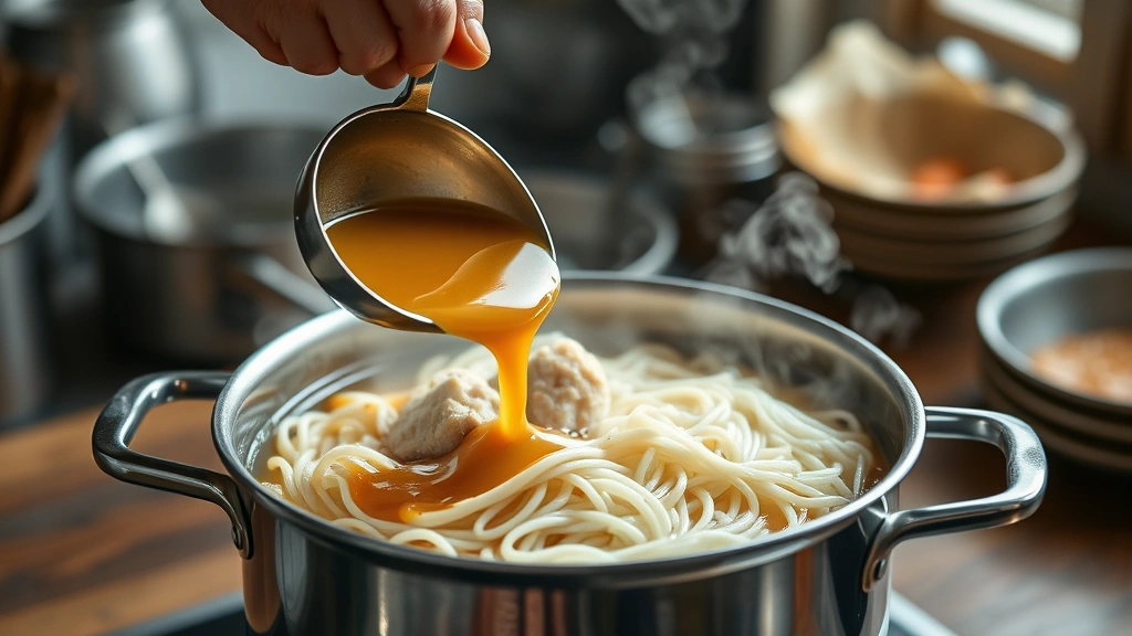 burmese food mohinga recipe -
Photorealistic hands pouring golden fish broth into a pot over thin rice noodle