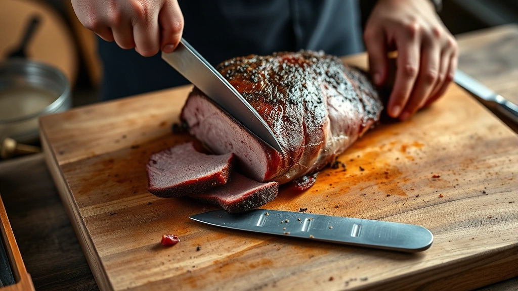 burnt ends recipe -
Photorealistic hands cubing smoked brisket point on wooden cutting board with s