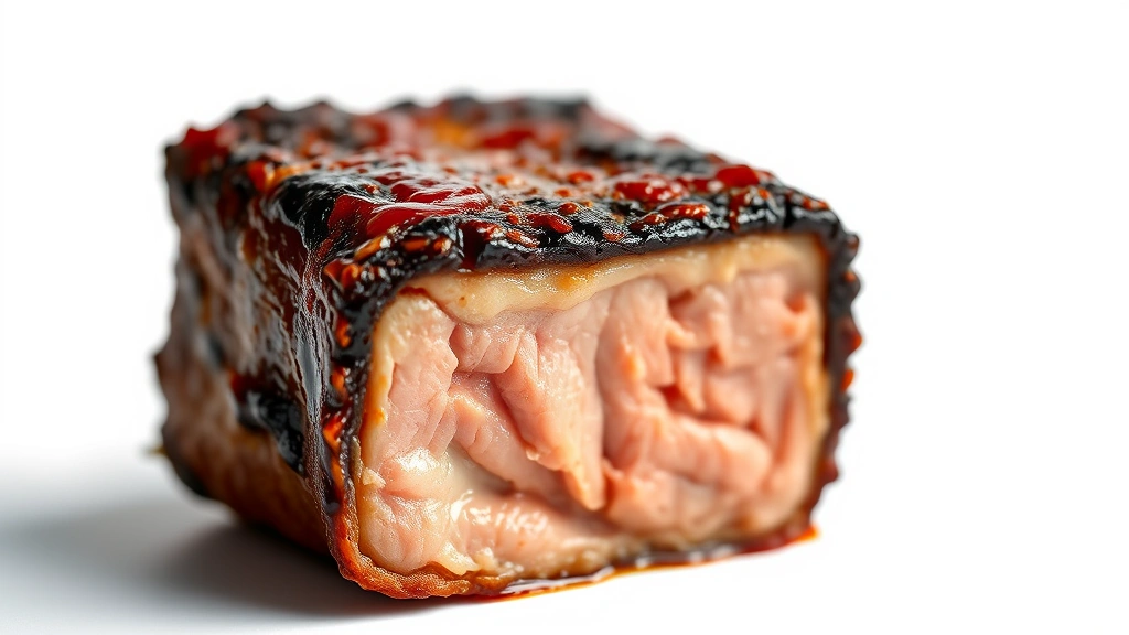 burnt ends recipe -
Photorealistic macro close-up of single burnt end cube showing caramelized bark