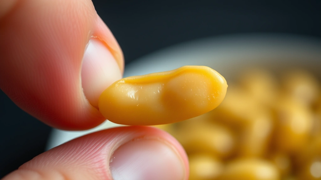 butter beans recipe -
Photorealistic close-up macro photography of a single cooked butter bean being 