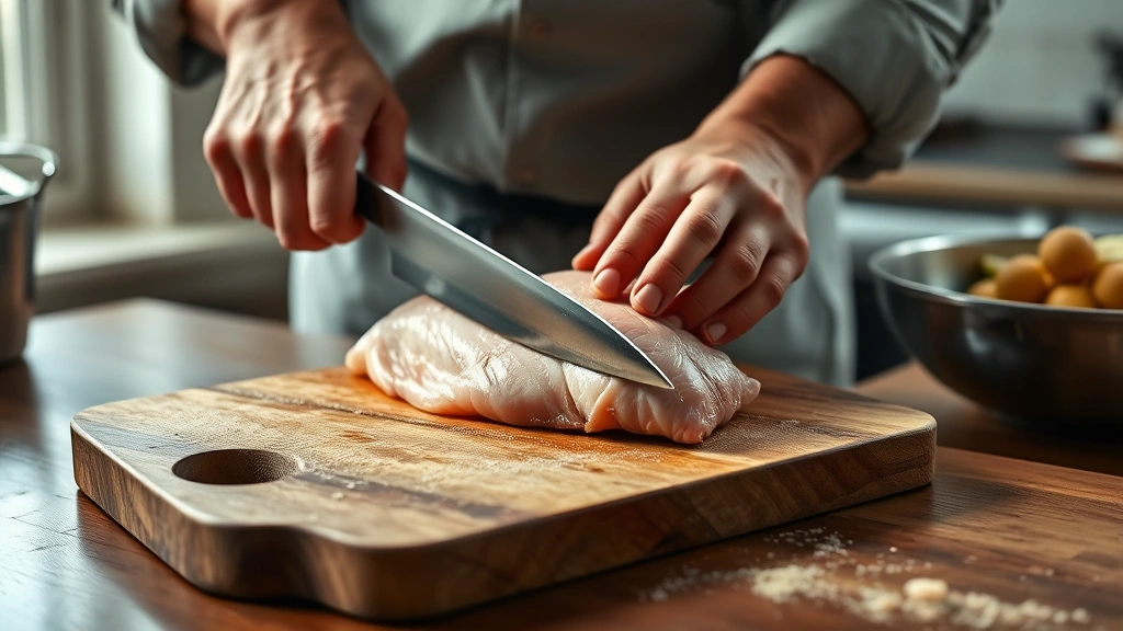 butterfly chicken breast how to -
photorealistic hands using a sharp chef’s knife to cut horizontally throu