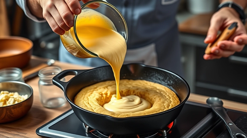 buttermilk cornbread recipe -
Photorealistic hands pouring cornbread batter into preheated cast iron skillet,