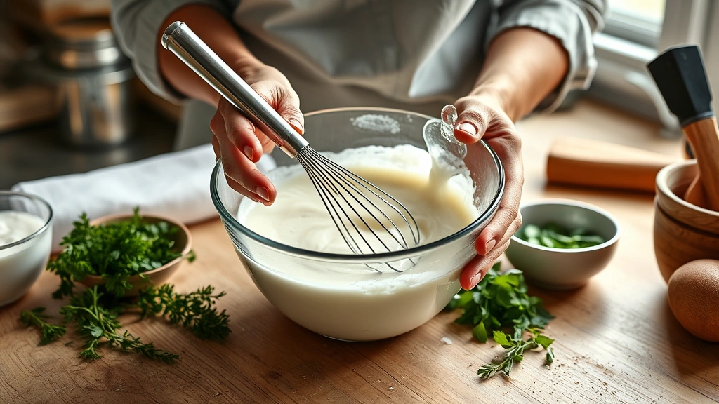 buttermilk ranch recipe -
Photorealistic hands whisking buttermilk ranch ingredients in a glass bowl, wor
