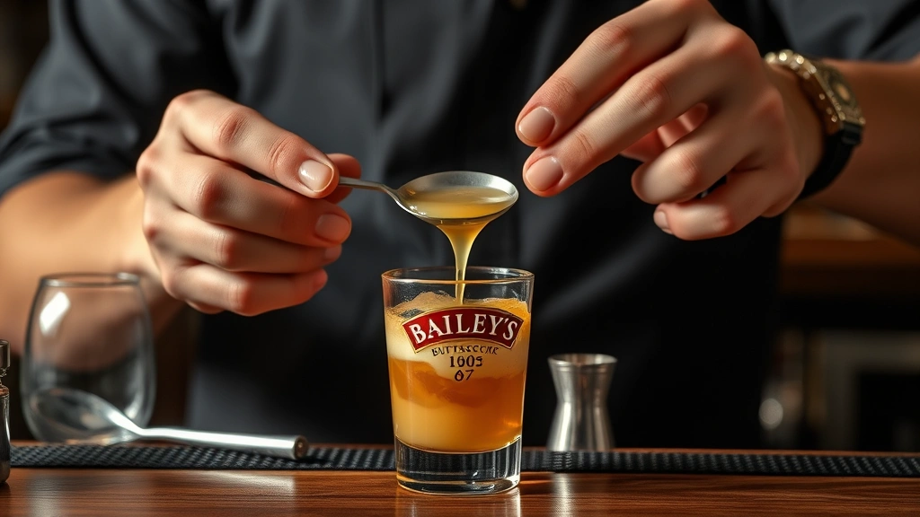 buttery nipple recipe -
Hands carefully pouring butterscotch schnapps over the back of a bar spoon into