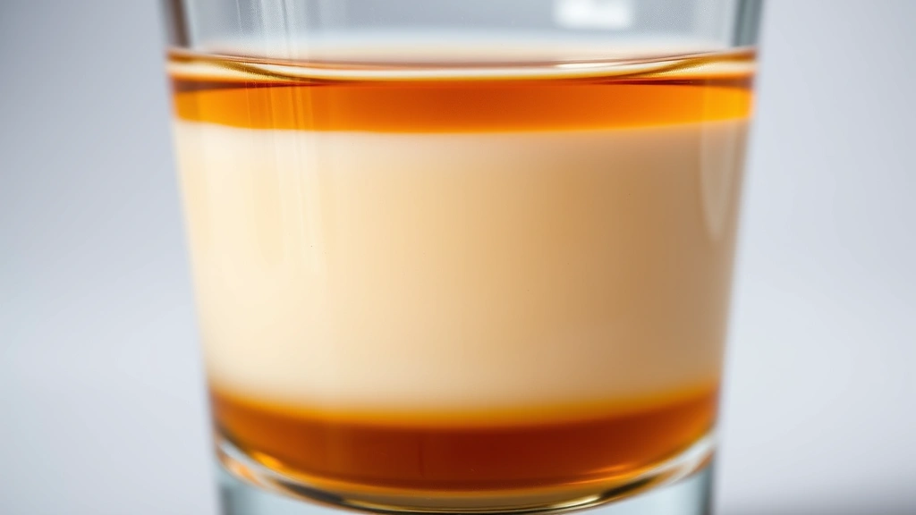 buttery nipple recipe -
Close-up macro shot of three separated liquid layers in a shot glass showing di