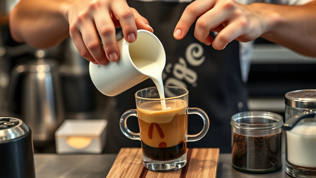 cafe mocha recipe -
photorealistic hands pouring steamed milk into espresso and chocolate mixture,