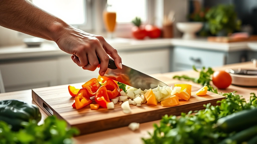 cajun rice recipe -
Photorealistic hands dicing bell peppers and onions on a wooden cutting board i