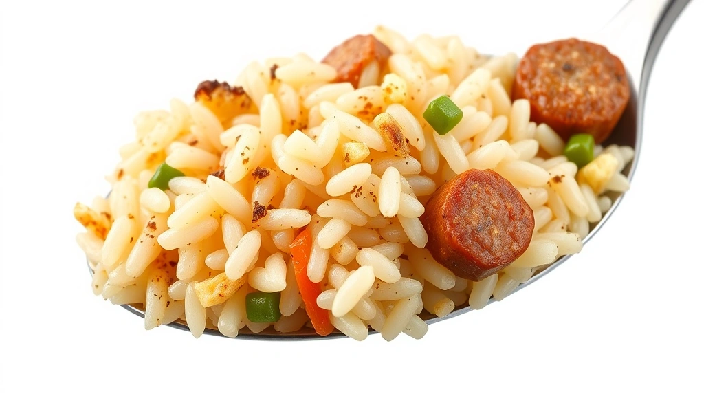 cajun rice recipe -
Photorealistic close-up macro photography of a spoonful of cajun rice showing i