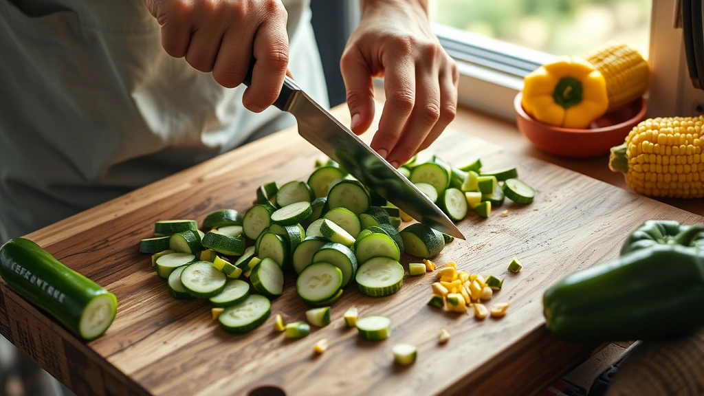 calabacitas recipe -
Photorealistic hands dicing fresh zucchini on a wooden cutting board, sharp kni
