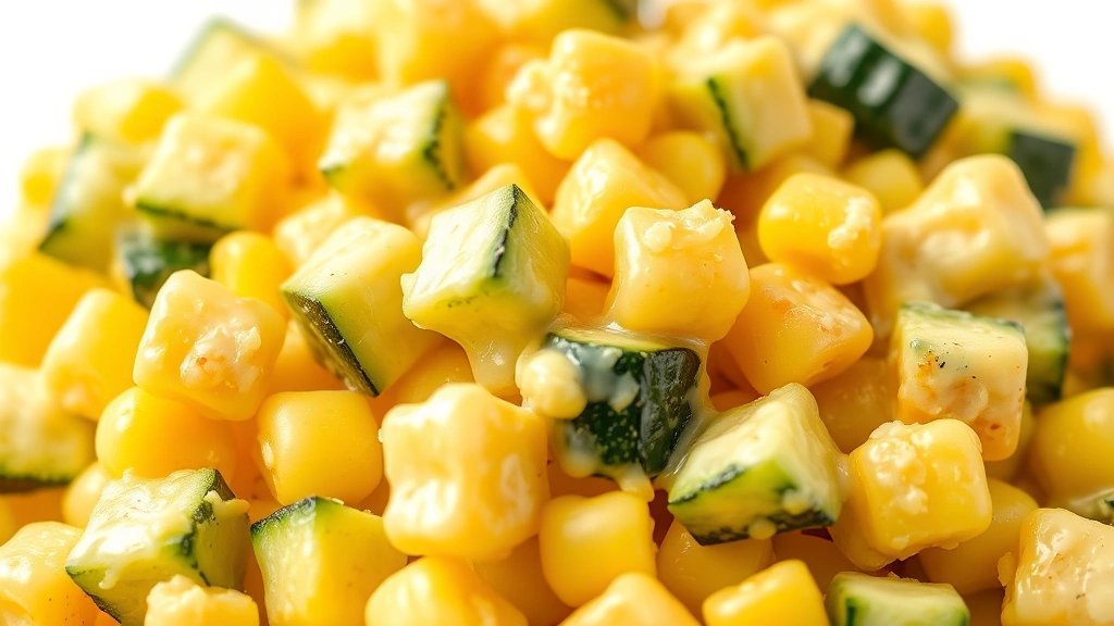 calabacitas recipe -
Photorealistic close-up macro of creamy melted cheese coating diced zucchini an