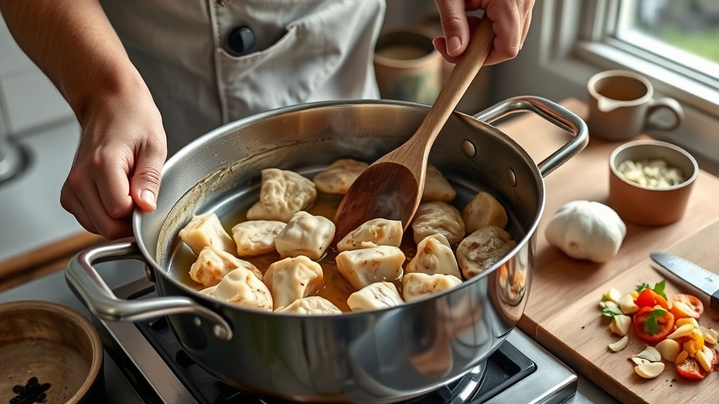 caldo de pollo recipe -
Photorealistic hands working in a kitchen, browning chicken pieces in a large p