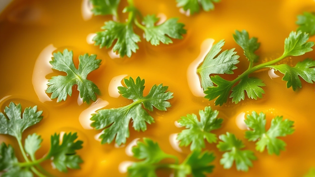 caldo de pollo recipe -
Photorealistic close-up macro photography of fresh cilantro leaves floating in 