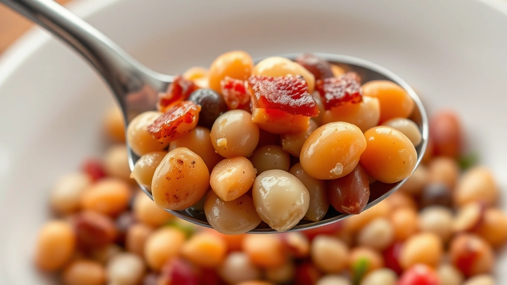 calico beans recipe -
Photorealistic macro close-up of a spoonful of calico beans showing the texture