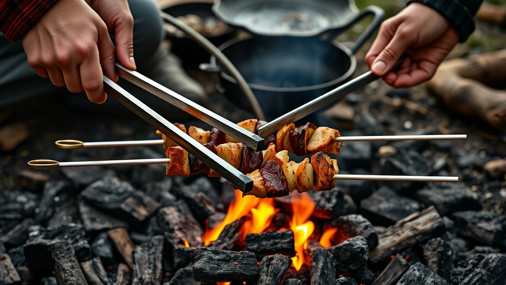 campfire recipes -
photorealistic hands using long-handled tongs to rotate skewers over campfire c