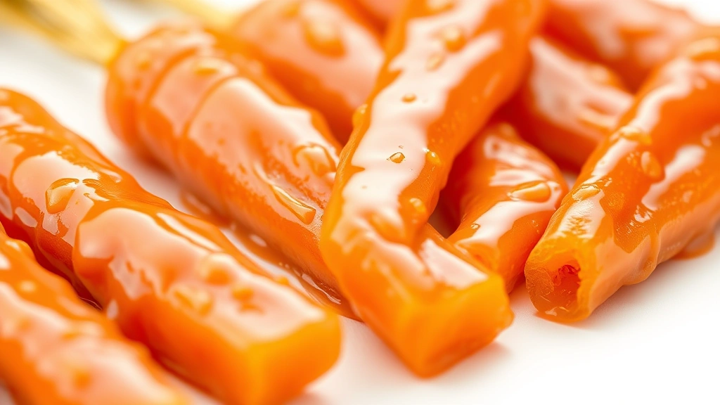 candied carrots recipe -
photorealistic close-up macro shot of candied carrot slices with glossy caramel