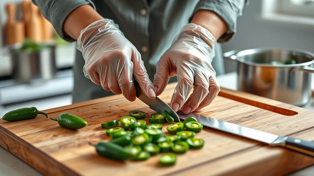 candied jalapenos recipe -
Photorealistic hands working showing someone slicing fresh green jalapenos with