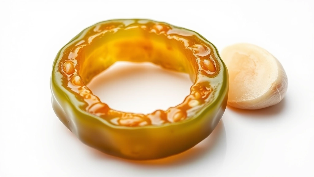 candied jalapenos recipe -
Photorealistic close-up macro photography of a single candied jalapeno ring wit