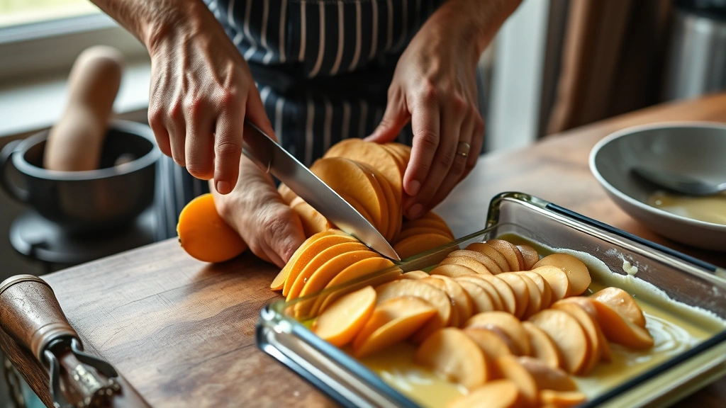 candied sweet potato recipes -
Photorealistic hands slicing fresh sweet potatoes with sharp knife on wooden cu