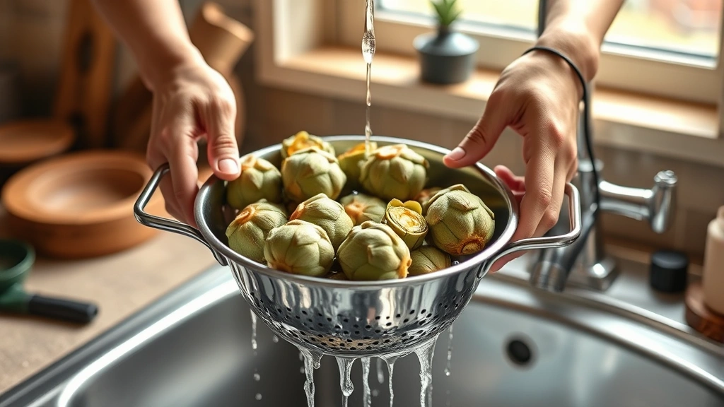 canned artichoke recipes -
photorealistic hands draining canned artichokes in metal colander over sink, wo