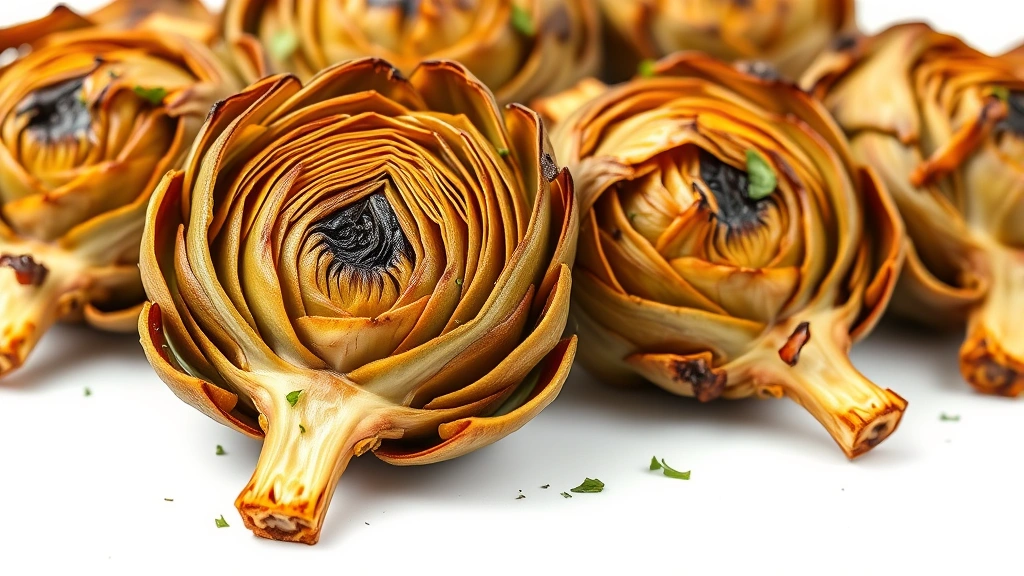 canned artichoke recipes -
photorealistic close-up macro photography of roasted artichoke hearts with gold