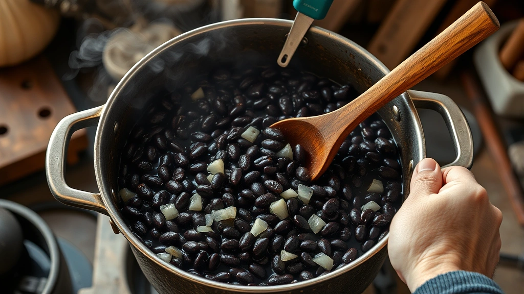 canned black beans recipe -
Photorealistic hands stirring a pot of simmering black beans with wooden spoon,