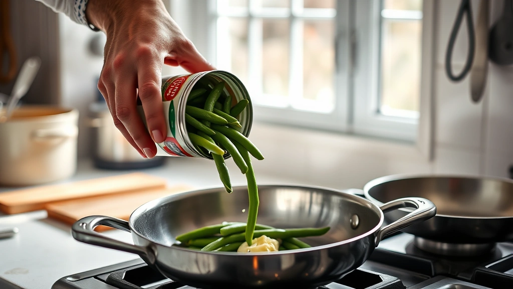 canned green beans recipe -
Photorealistic hands working in a bright kitchen workspace, pouring drained can
