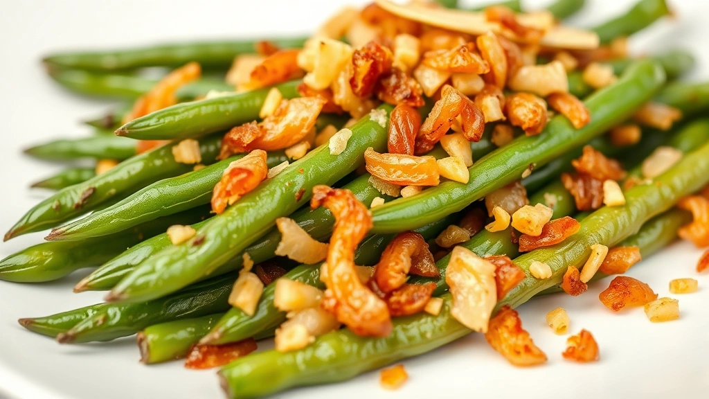 canned green beans recipe -
Photorealistic close-up macro shot of cooked green beans with garlic butter and