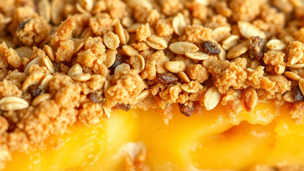 canned peaches recipe -
photorealistic close-up macro photography of a peach crisp topping, golden oats