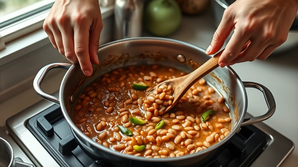 canned refried beans recipe -
Photorealistic hands stirring a pan of refried beans with a wooden spoon over a
