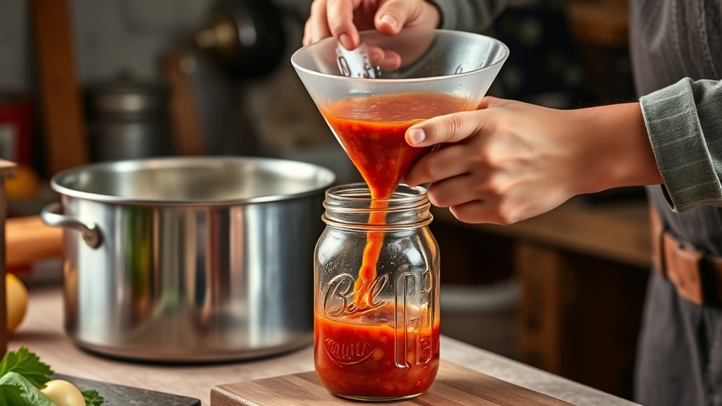 canning salsa recipe -
Photorealistic hands working in workshop setting pouring hot salsa into mason j