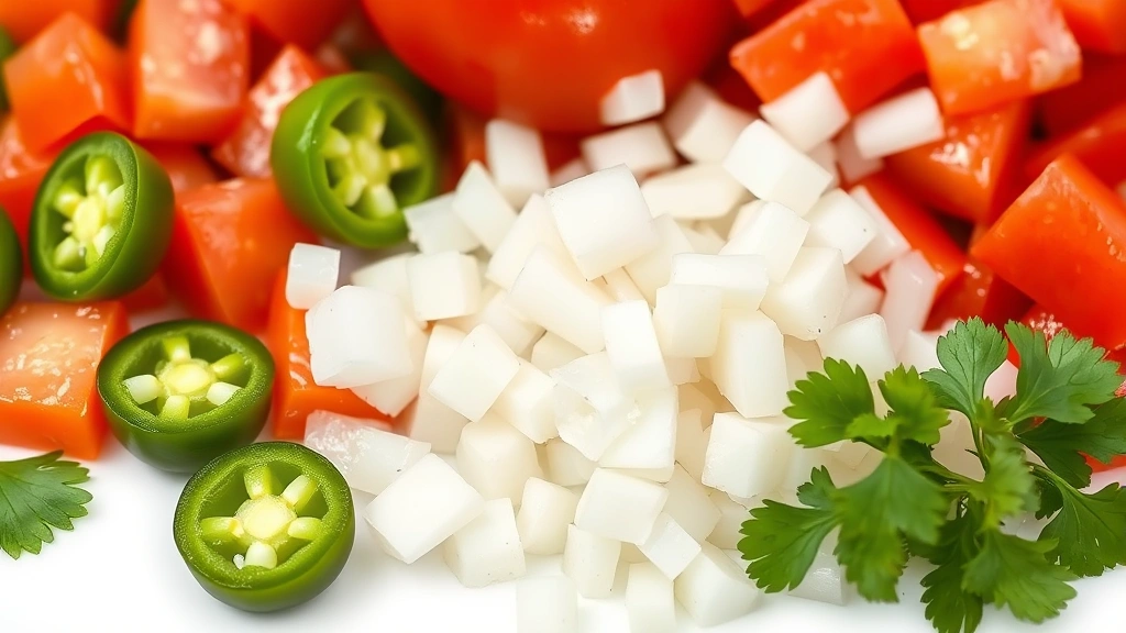 canning salsa recipe -
Photorealistic close-up macro photography of fresh diced tomatoes, jalapeños, o