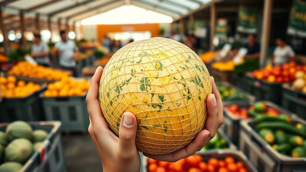 cantaloupe how to choose -
photorealistic hands holding and examining a whole cantaloupe at farmers market
