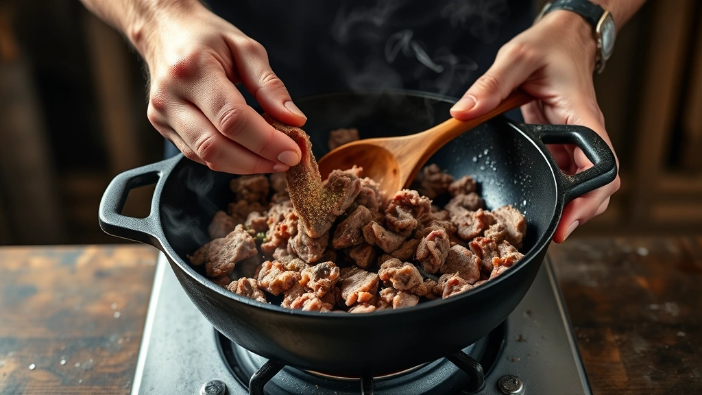 carnivore recipes -
Photorealistic hands seasoning and pan-searing ground beef in a cast iron skill