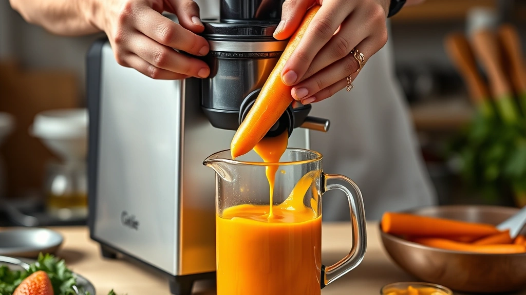 carrot drink recipe juice -
Photorealistic hands feeding fresh carrots into a masticating juicer, workshop 