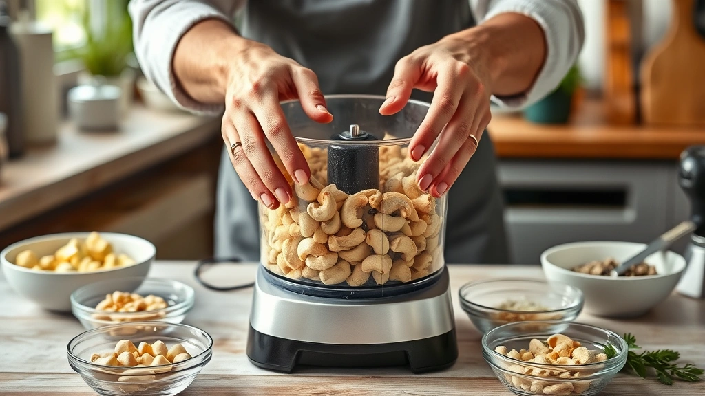 cashew cheese recipe -
photorealistic hands blending raw cashews in a food processor, ingredients visi