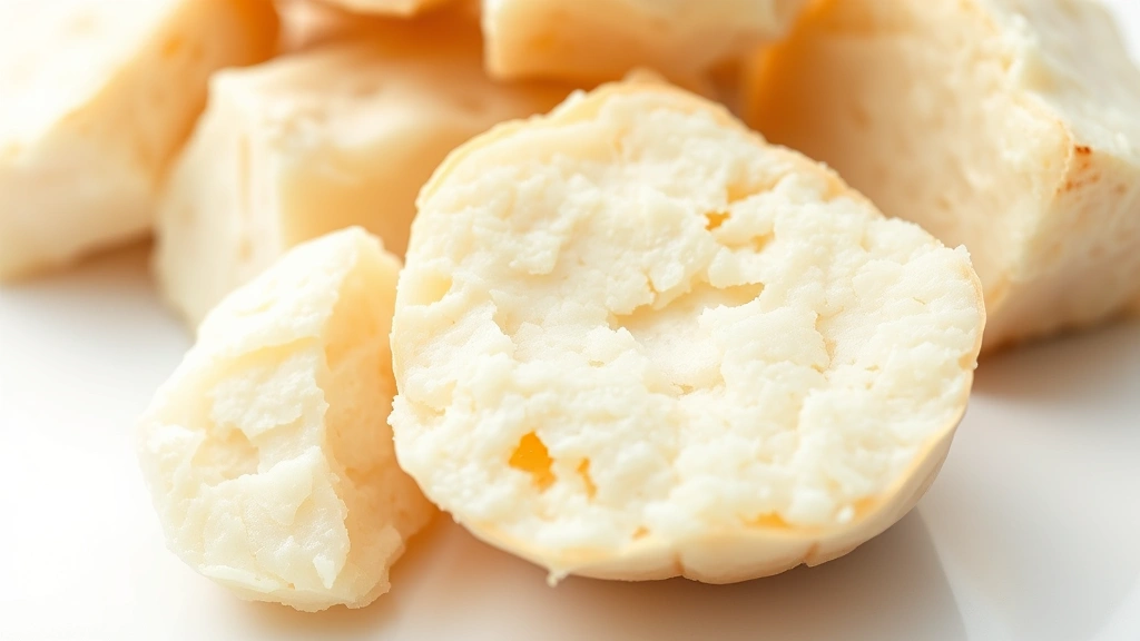 cassava recipes -
Photorealistic close-up macro photography of cooked cassava chunks showing crea