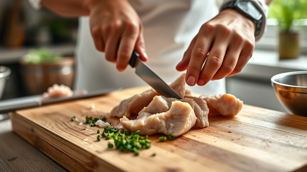 cat food recipes -
Photorealistic hands carefully dicing fresh chicken breast on a wooden cutting 