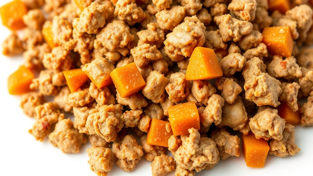 cat food recipes -
Photorealistic close-up macro shot of cooked ground turkey and pumpkin mixture 