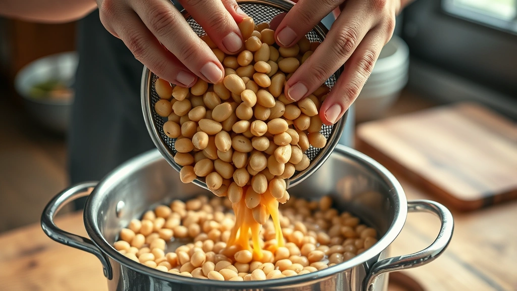 ceci beans recipe -
Photorealistic close-up of hands pouring drained soaked ceci beans from a metal